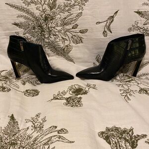 Vince Camuto Black Croc-Embossed Pointed Ankle Booties
